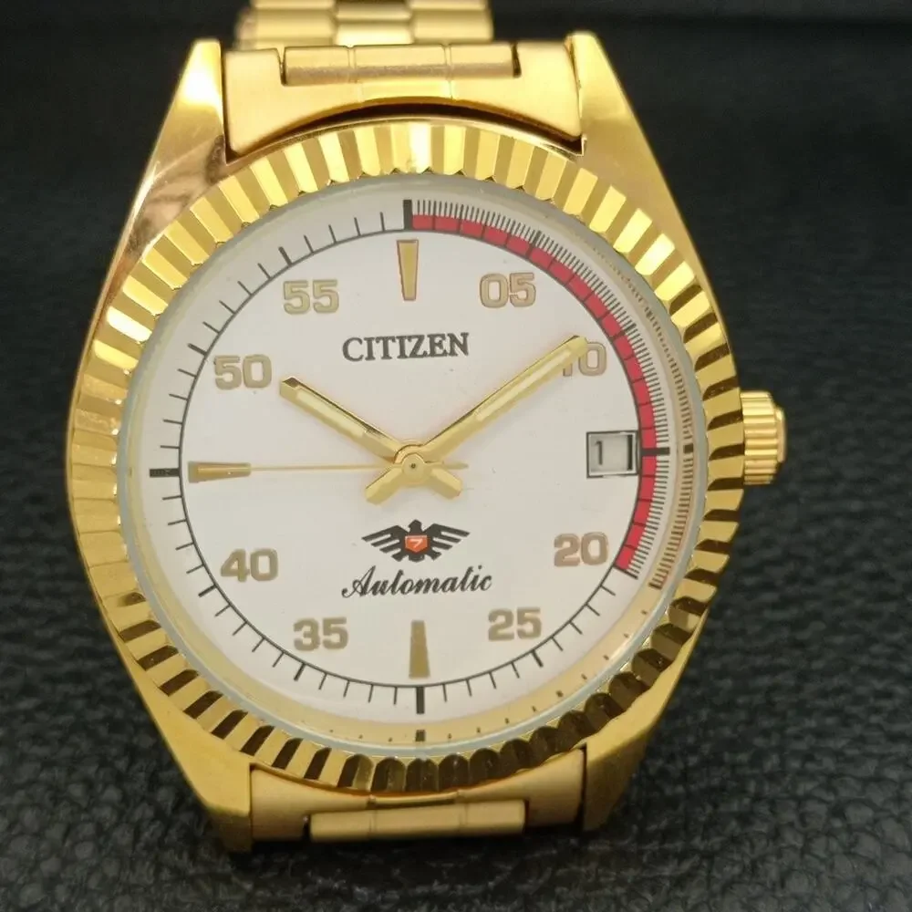 Vintage 1974 Citizen Automatic Mens Gold Watch W/daydate & Red accents